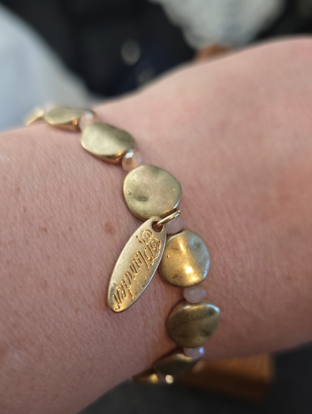 Gold-Tone Beaded Bracelet with Signature Tag- Elastic